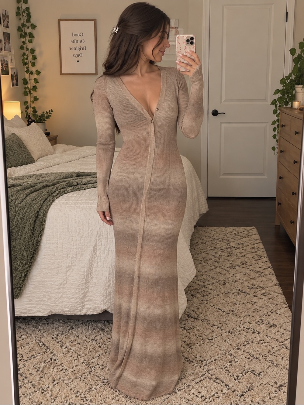 Free People Taupe Ombre Ribbed V‑Neck Maxi Cardigan Dress